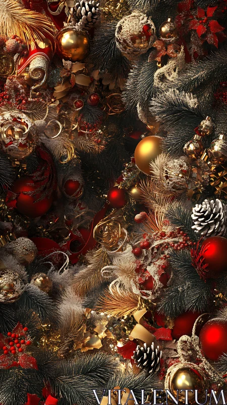 Opulent Christmas foliage with red baubles and gilded accents.
