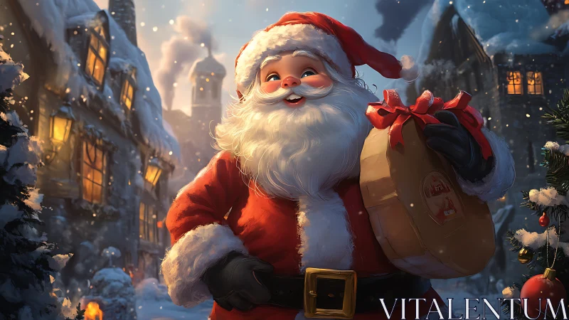 Santa Claus in snowy village with gift sack, warm lighting.
