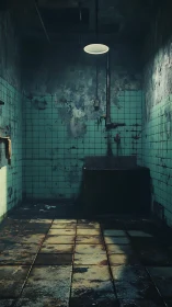 Moody tiled washroom glowing under a single soft light.