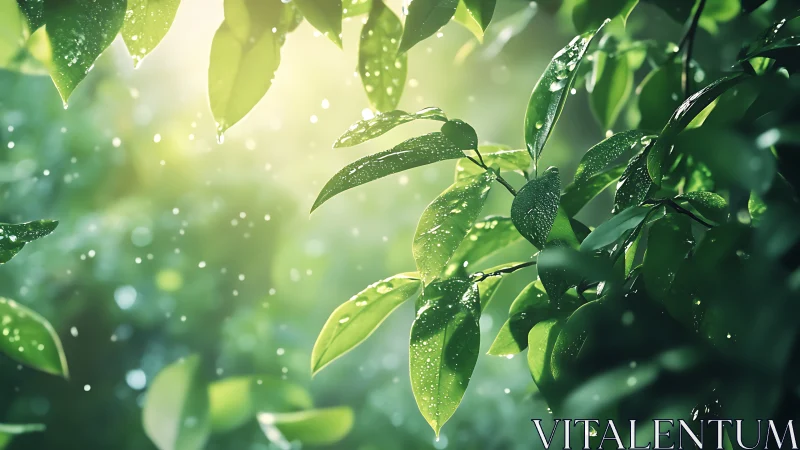Sunlit rain-kissed leaves in soft forest bokeh glow.