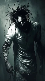 Tangled horror figure in decayed white shirt, shadowed stance.