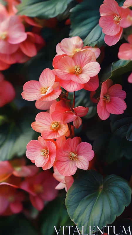 Coral Begonias in Full Bloom Against Dark Garden Foliage