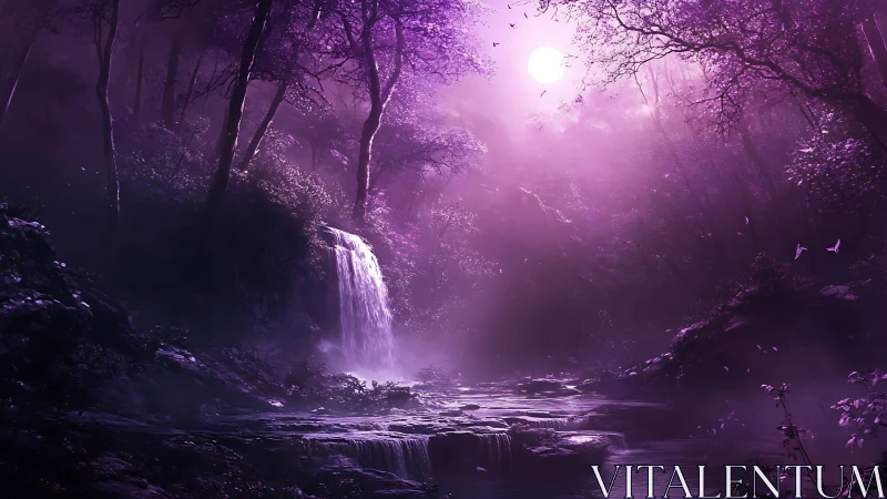 Luminous violet moonlit waterfall in dense enchanted forest