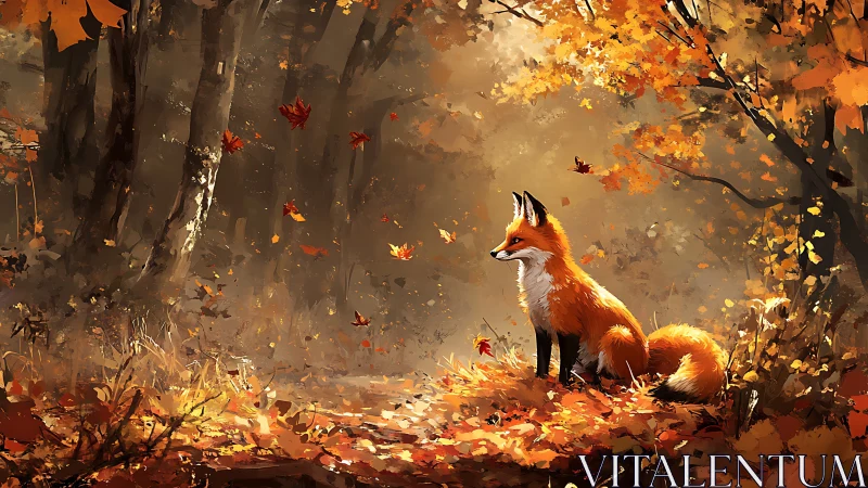Autumn red fox in luminous deciduous forest with falling leaves