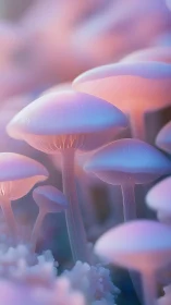 Dreamy pastel mushrooms glow softly in a gentle forest haze