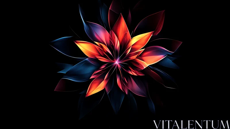 Luminous abstract flower radiates neon light on black void