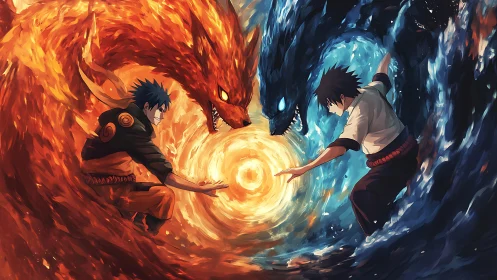 Fire and water warriors generate dual-dragon elemental vortex
