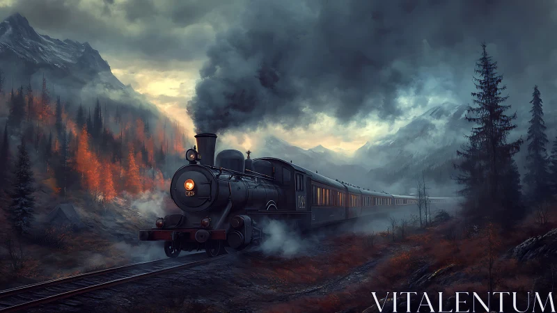 Steam locomotive crossing misty autumn valley at dusk