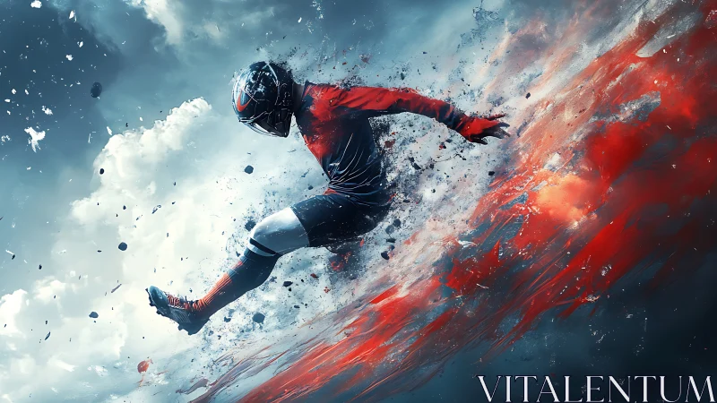 Dynamic soccer athlete exploding through red kinetic energy