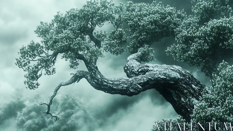 Gnarled tree trunk extends over misty, clouded valley