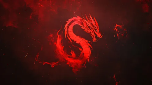 Crimson dragon coil swirling through sparks and shadowed flame.