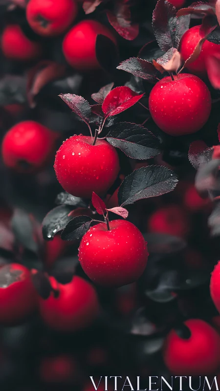 Ruby red apples glow softly against deep velvet foliage