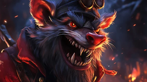 Ferocious steampunk rat warrior snarls amid flying embers.