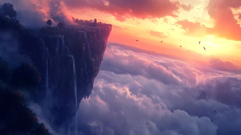 Solitary figure surveys luminous cliff above cloud sea