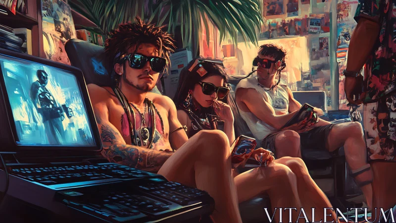 Cyberpunk hackers lounge in neon-lit retro workstation interior