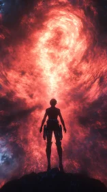 Silhouetted warrior confronts swirling red cosmic vortex.