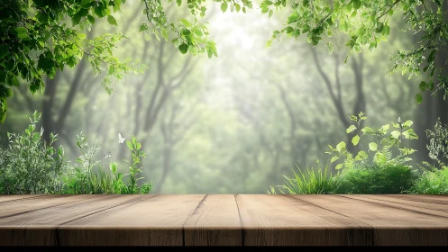Sunlit wooden table with lush green forest background in spring.