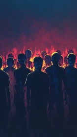 Burning silhouettes of zombie horde in crimson fire.
