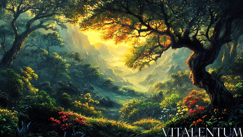 Ancient Forest Gateway Glowing With Celestial Light.