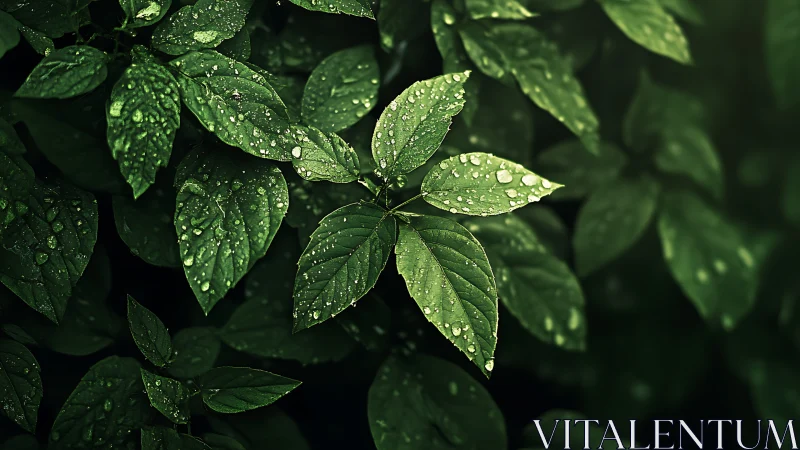 Green leaves with raindrops in soft natural lighting.