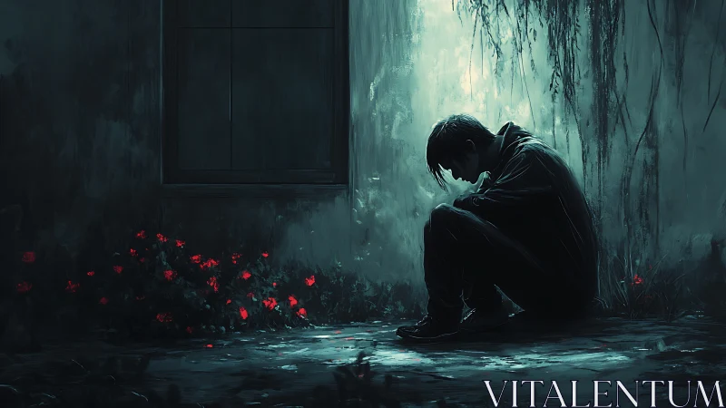 Solitary boy crouches by overgrown wall in cold moonlight