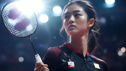 Focused badminton athlete stands poised under arena lights