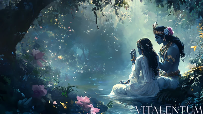 Divine couple rests beside luminous forest stream at dusk