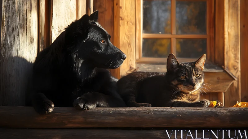 Black dog and tabby cat share a sunlit doorway moment together