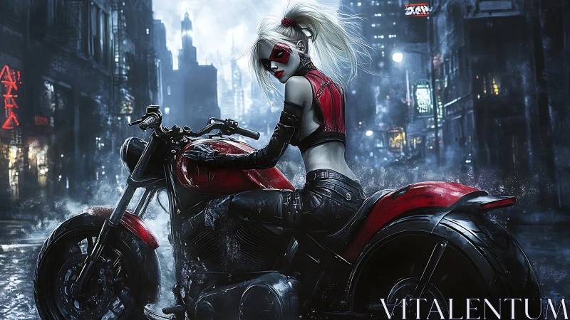 Masked biker on red motorcycle in dark urban street scene.