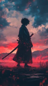 Cinematic samurai silhouette against neon dusk battlefield sky.