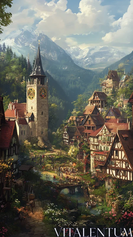 Medieval alpine village square gathers below clock tower