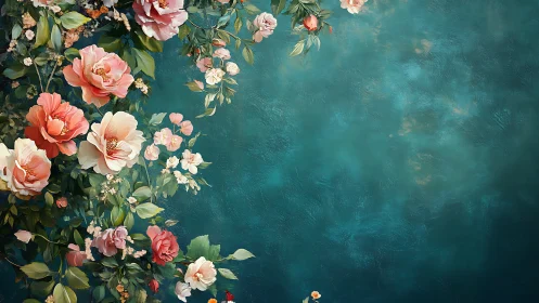 Botanical Composition with Layered Floral Elements Against Textured Teal Background