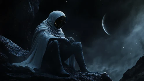 Cloaked astronaut in lunar ravine under crescent moonlit sky