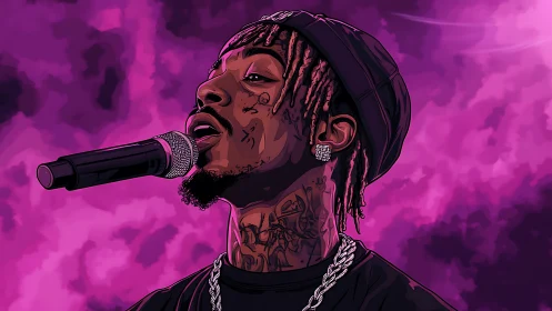 Neon-lit rapper portrait captures stylized live performance