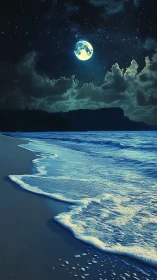 Digital moonlit shoreline with luminous surf perspective.
