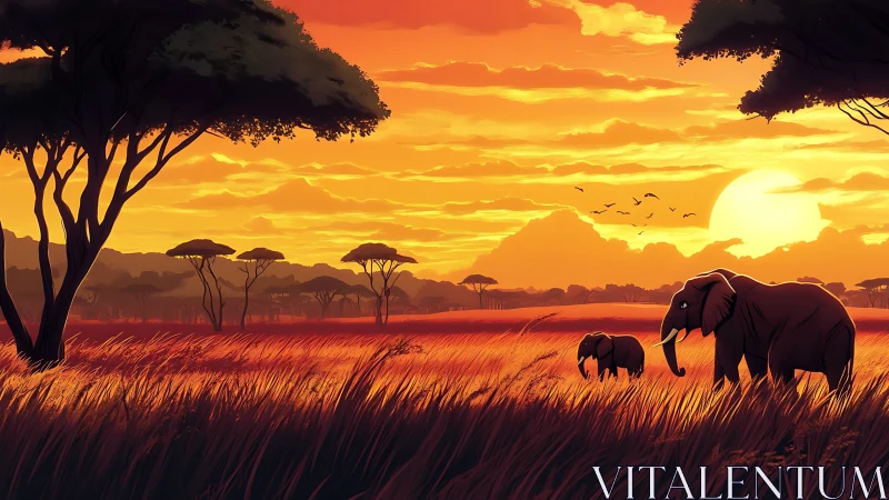 Elephant silhouettes crossing savanna under blazing sunset sky.