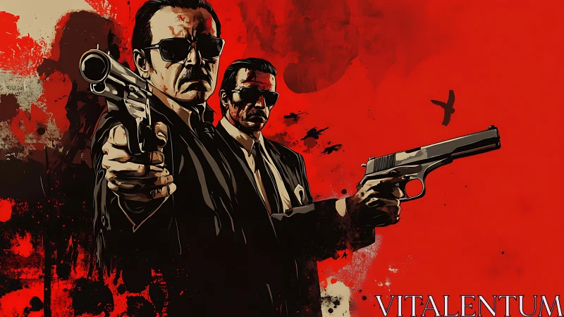 Two armed men in suits stand against a red abstract backdrop