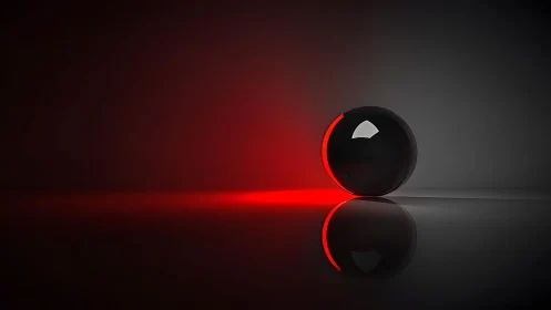 Black Glossy Sphere with Red Light Reflection in Minimalist Style.