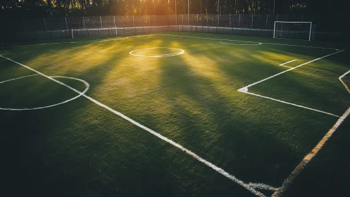 Empty artificial turf soccer field in warm evening light.