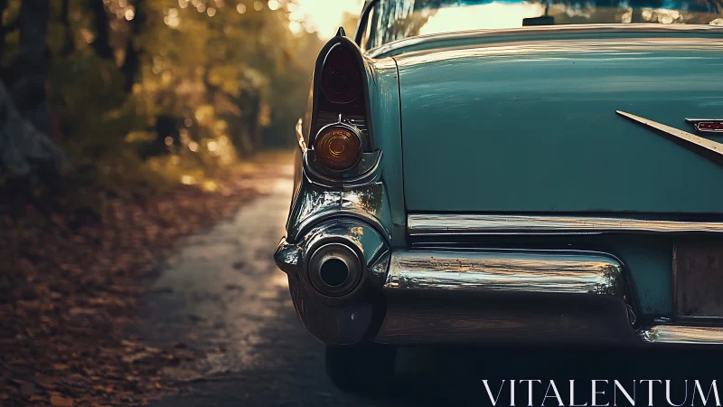Chrome taillight rocket lingers on a leaf-strewn country lane