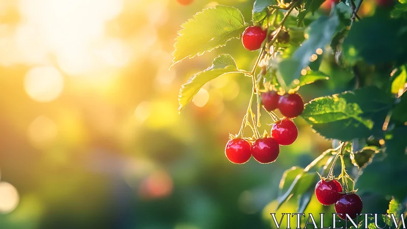 Sunlit cherries linger like tiny glass lanterns at dusk