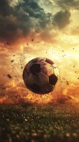 Blazing matchday meteor ball tearing through stormy dusk.