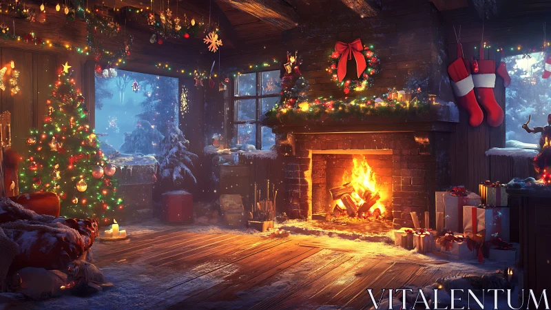 Glowing Christmas cabin interior embraces winter warmth and joy.