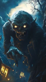 Moonlit gutter fiend stoops low over trembling lamplit roofs