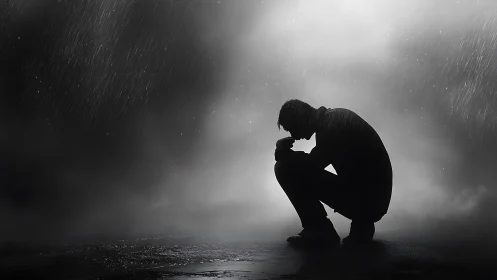 Silhouetted man crouching alone in heavy nighttime rain.