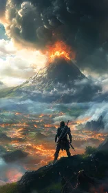 Armored warrior overlooking burning valley and volcano.