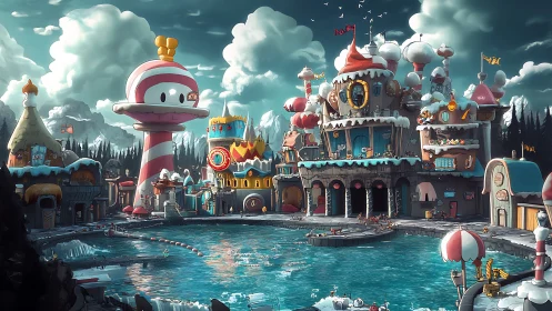 Candy-themed lakeside town rendered in stylized 3D
