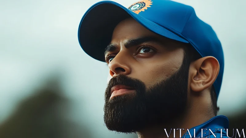 Focused cricketer gazes upward in a calm outdoor moment