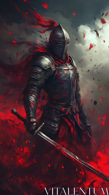 Armored knight stands amid red particulate atmosphere