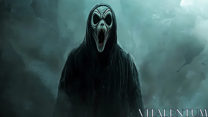 Hooded spectral entity with elongated skull mask in foggy void